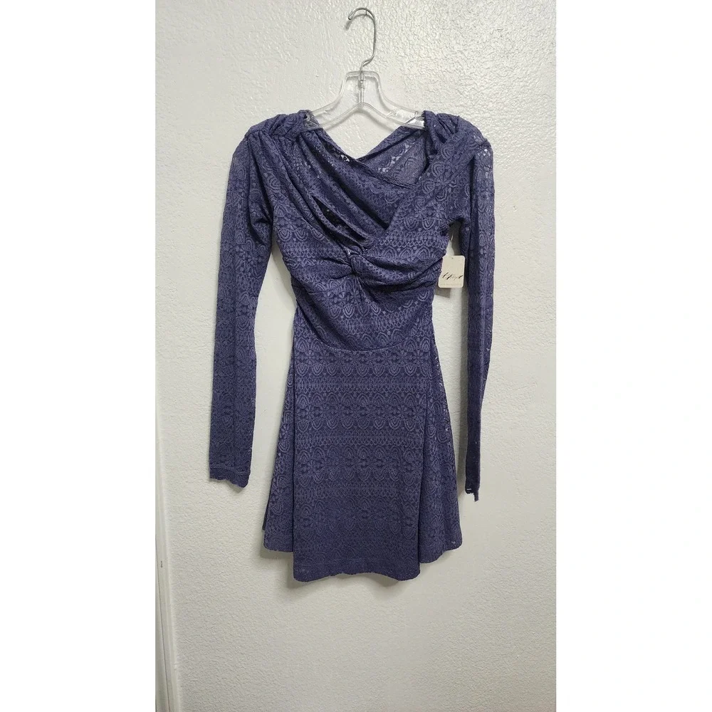 Free People Prep Peri Blue Lace Mini Dress Long Sleeve XS NWT‎